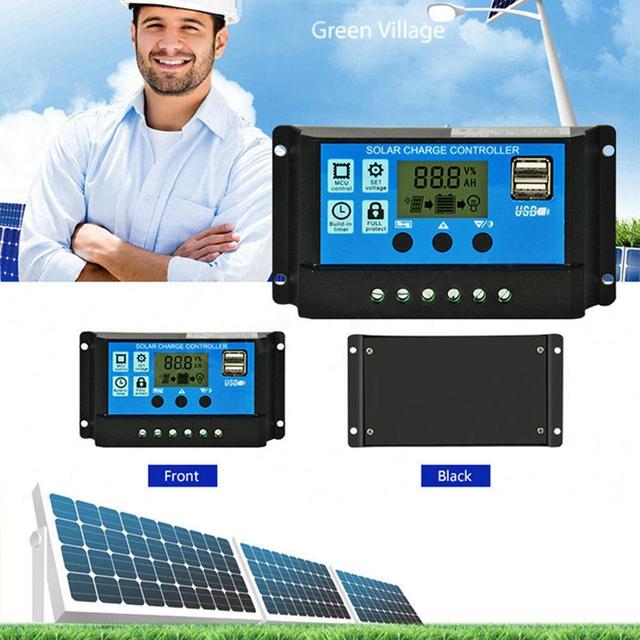 Regulator ładowania słonecznego PWM z wyświetlaczem LCD HD 12V/24V, z podwójnym wyjściem USB, ładowarką z panelem solarnym, 10A/20A/30A - Wianko - 5