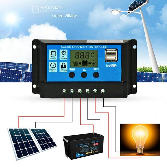 Regulator ładowania słonecznego PWM z wyświetlaczem LCD HD 12V/24V, z podwójnym wyjściem USB, ładowarką z panelem solarnym, 10A/20A/30A - Wianko - 6