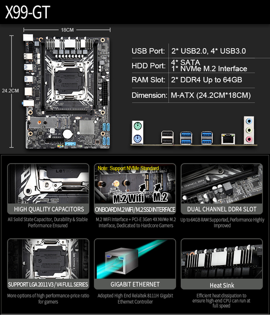 Płyta główna X99 GT obsługująca procesor Xeon E5 V3/V4, pamięć DDR4, gniazdo M-ATX, USB3.0, NVME M.2 i WIFI - Wianko - 2