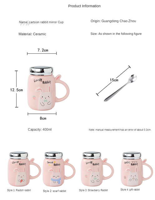 Kubek Różowy Króliczek z Lustrzaną Pokrywką, Duża Pojemność, Kreatywna Kreskówka - Wianko - 3