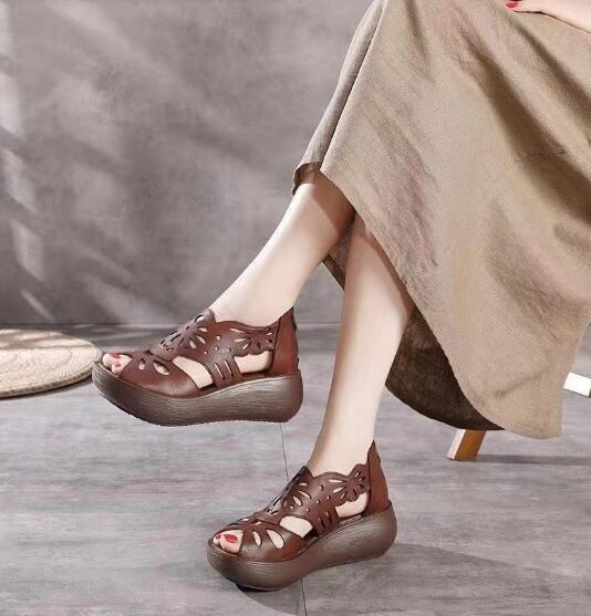 Damskie sandały skórzane z grubą podeszwą, retro styl, ręcznie wykonane (2021) - Wianko - 16