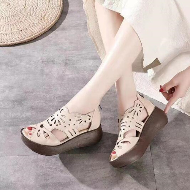Damskie sandały skórzane z grubą podeszwą, retro styl, ręcznie wykonane (2021) - Wianko - 8