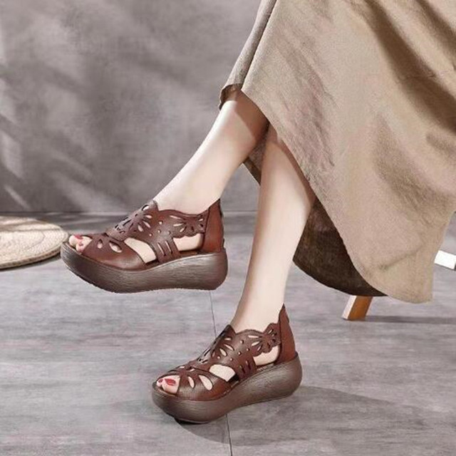 Damskie sandały skórzane z grubą podeszwą, retro styl, ręcznie wykonane (2021) - Wianko - 7