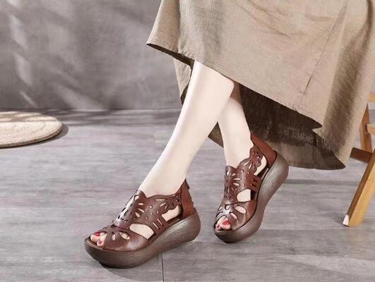 Damskie sandały skórzane z grubą podeszwą, retro styl, ręcznie wykonane (2021) - Wianko - 17