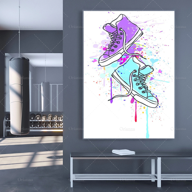 Nowoczesne plakaty ze stylowym wzorem abstrakcyjnych trampki w kolorach niebieskim i fioletowym - Wianko - 3