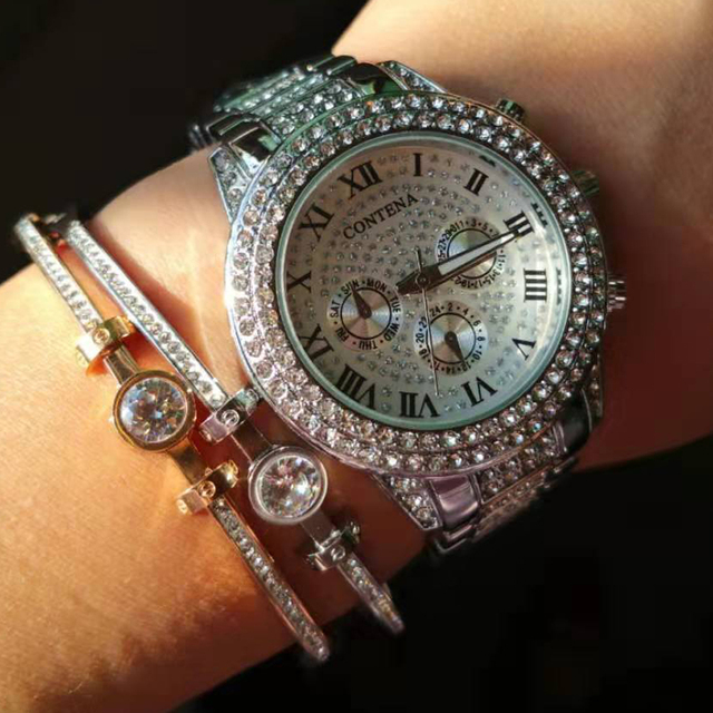 Srebrne luksusowe damskie zegarki z kryształami i diamentami Montre Femme Relogio Feminino 2021 - Wianko - 7