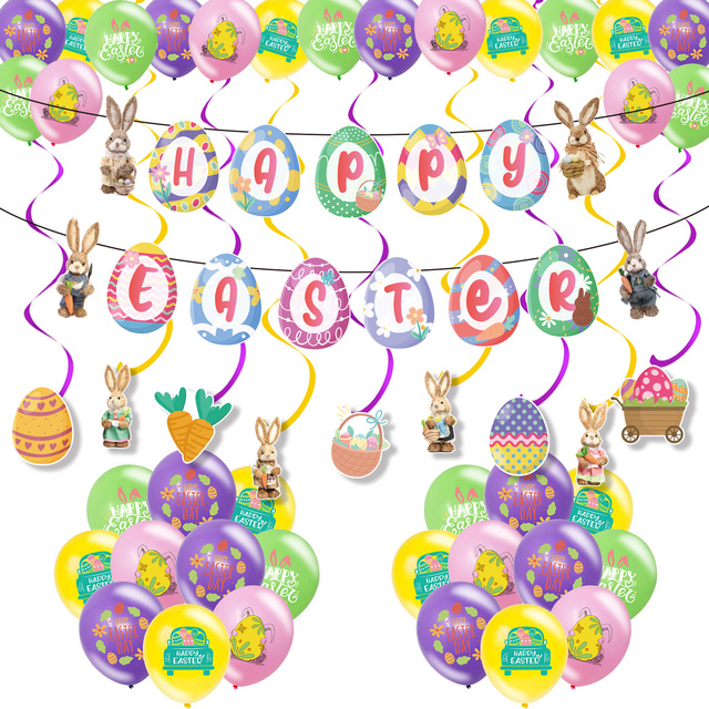 Pisanka papierowy baner zajączek, spirale i lateksowe balony - śmieszne dekoracje na wielkanocną imprezę tematyczną - Wianko - 1