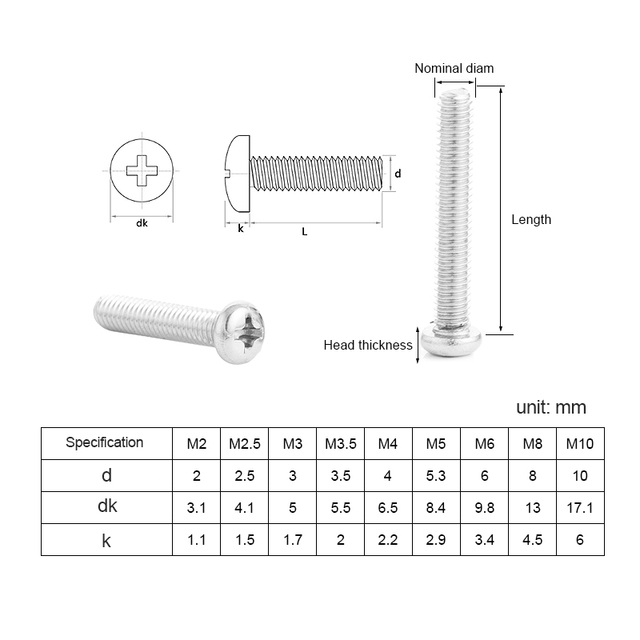 Śruby z łbem okrągłym M1.2-M8 (10/20/50 sztuk) ze stali nierdzewnej, Phillips, krzyż wpuszczony - Wianko - 10