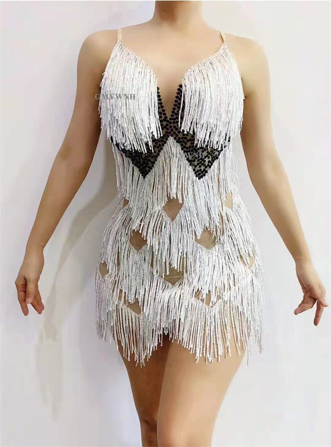Seksowna kobieta bez rękawów - białe krótkie frędzle - body piosenkarki imprezowe Latin Dance DJ - Wianko - 3