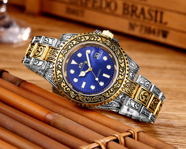 Luksusowy zegarek kwarcowy męski z rzeźbioną, antyczną powłoką złotą, podświetlanym tłem i gradientowym wykończeniem w kolorze różowego złota, srebrnego, czerwonego, zielonego i niebieskiego - Wianko - 14