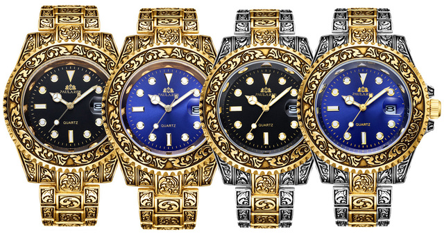 Luksusowy zegarek kwarcowy męski z rzeźbioną, antyczną powłoką złotą, podświetlanym tłem i gradientowym wykończeniem w kolorze różowego złota, srebrnego, czerwonego, zielonego i niebieskiego - Wianko - 1