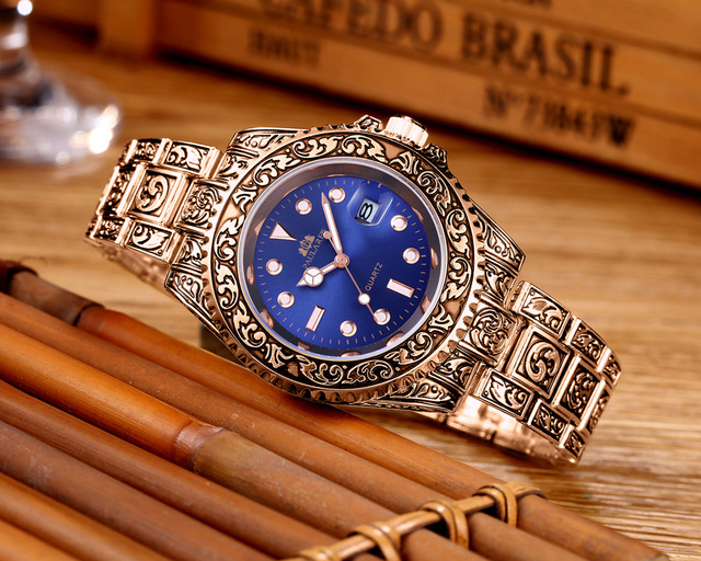 Luksusowy zegarek kwarcowy męski z rzeźbioną, antyczną powłoką złotą, podświetlanym tłem i gradientowym wykończeniem w kolorze różowego złota, srebrnego, czerwonego, zielonego i niebieskiego - Wianko - 11