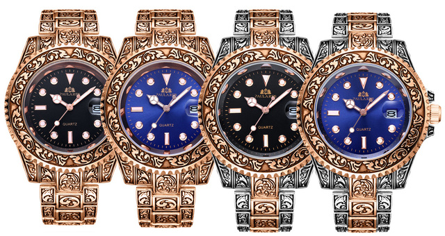 Luksusowy zegarek kwarcowy męski z rzeźbioną, antyczną powłoką złotą, podświetlanym tłem i gradientowym wykończeniem w kolorze różowego złota, srebrnego, czerwonego, zielonego i niebieskiego - Wianko - 2