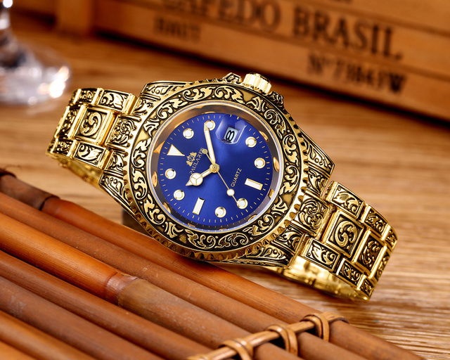 Luksusowy zegarek kwarcowy męski z rzeźbioną, antyczną powłoką złotą, podświetlanym tłem i gradientowym wykończeniem w kolorze różowego złota, srebrnego, czerwonego, zielonego i niebieskiego - Wianko - 10