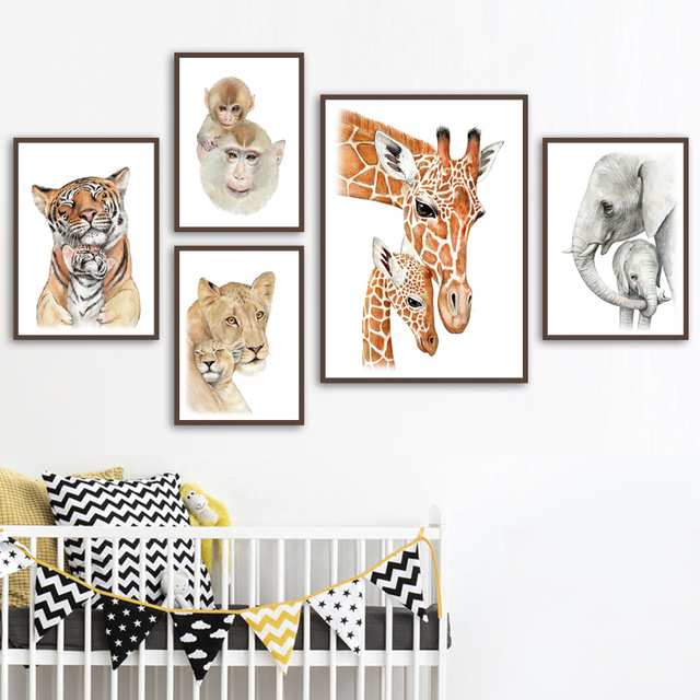 Obraz na płótnie Safari zwierząt - lew, słoń, matka i dziecko - dekoracja do pokoju dziecięcego - Wianko - 4