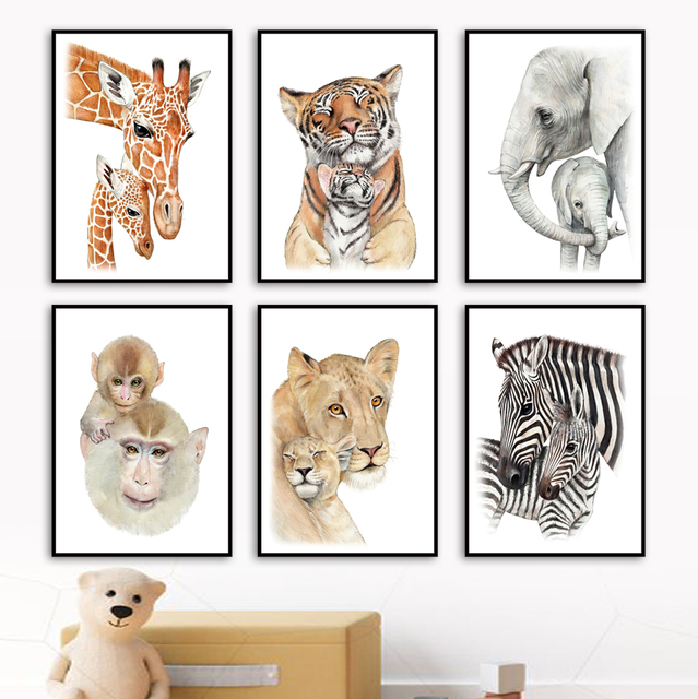 Obraz na płótnie Safari zwierząt - lew, słoń, matka i dziecko - dekoracja do pokoju dziecięcego - Wianko - 3