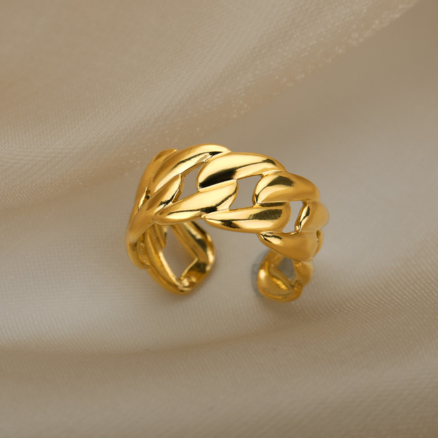 Pierścionek regulowany z szerokim łańcuchem ze stali nierdzewnej w złotym i srebrnym kolorze - Wianko - 3