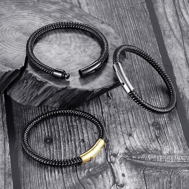 Czarna bransoletka FIREBROS 2022 z klamrą ze stali nierdzewnej i plecionym wzorem, wykonana z prawdziwej skóry - biżuteria punkowa dla mężczyzn i kobiet - Wianko - 5