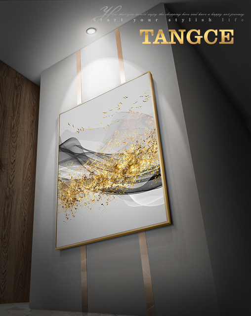 Złote płótno z krajobrazem - plakaty nowoczesne na płótnie do salonu; dekoracje w stylu nordyckim - Wianko - 1