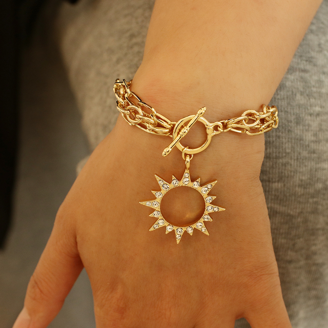Wisiorek złoty z błyszczącym słońcem, łańcuch bransoletka dla kobiet i dziewczyn - biżuteria na rękę - Wianko - 4