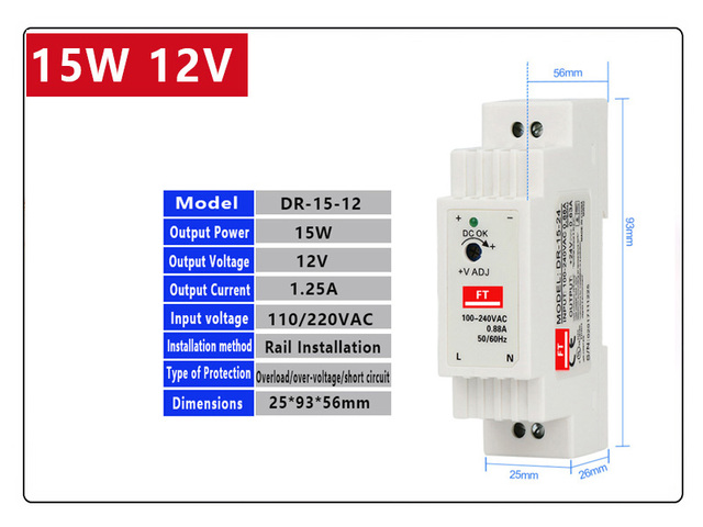 Przemysłowy zasilacz na szynę DIN DR-15 15W z pojedynczym wyjściem DC 5V, 12V, 24V - wejście AC 110/240V, wyłączanie zasilania - Wianko - 3