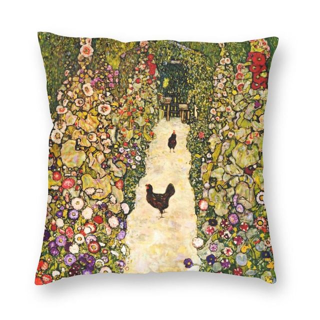 Poszewka na poduszkę 40x40cm z obrazem Gustava Klimta - Ścieżka ogrodowa z kurczakami - Wianko - 1
