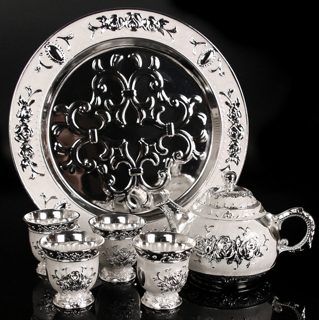 Posrebrzany zestaw 6-częściowy naczyń do herbaty - ręcznie wykonane, w stylu europejskim z motywem róży - Wianko - 1