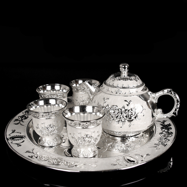 Posrebrzany zestaw 6-częściowy naczyń do herbaty - ręcznie wykonane, w stylu europejskim z motywem róży - Wianko - 5