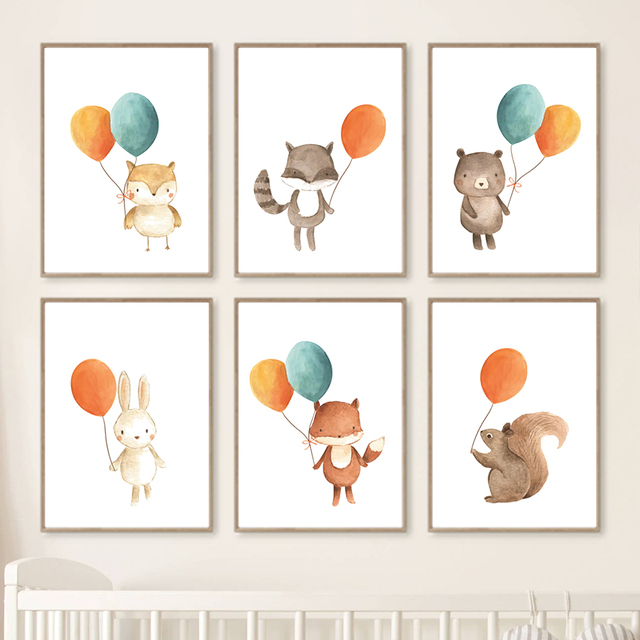 Obraz ścienny na płótnie - Balon z postaciami z kreskówek: lis, królik, niedźwiedź, sowa - dekoracja sypialni dziecięcej - Wianko - 12