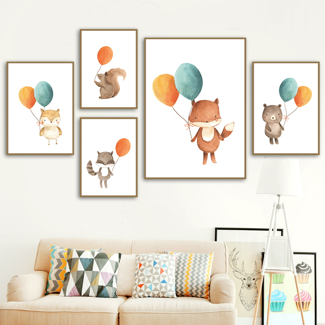 Obraz ścienny na płótnie - Balon z postaciami z kreskówek: lis, królik, niedźwiedź, sowa - dekoracja sypialni dziecięcej - Wianko - 13