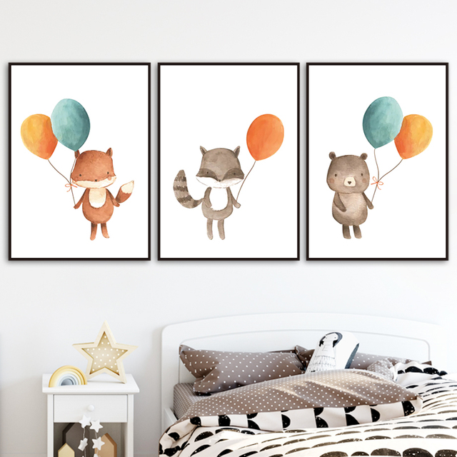 Obraz ścienny na płótnie - Balon z postaciami z kreskówek: lis, królik, niedźwiedź, sowa - dekoracja sypialni dziecięcej - Wianko - 14