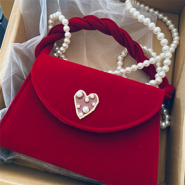 Nowa torebka damska vintage z uchwytem na ramię, wykonana z aksamitu, z paskiem ozdobionym perłami, kolor czerwony - Wianko - 3