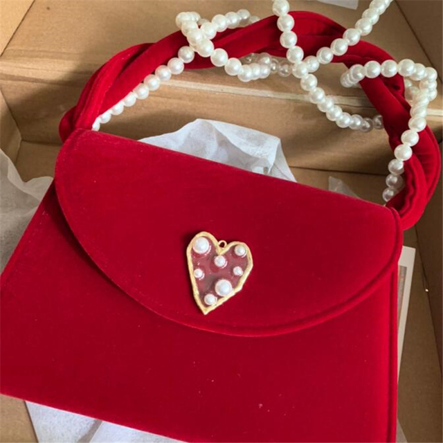 Nowa torebka damska vintage z uchwytem na ramię, wykonana z aksamitu, z paskiem ozdobionym perłami, kolor czerwony - Wianko - 5