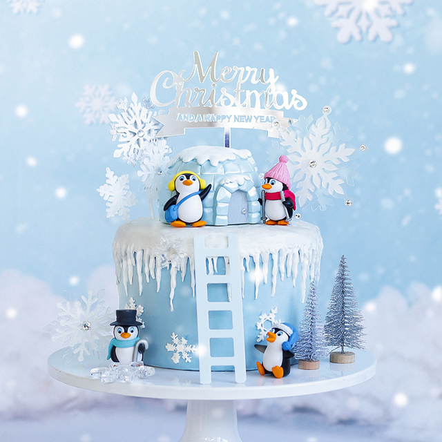 Cylinder zimowy do dekoracji tortu - pingwin płatek śniegu - różowy niebieski - Party Baby Shower Xmas - dekoracje do pieczenia i deserów - upominki dla dzieci i ukochanych - Wianko - 1
