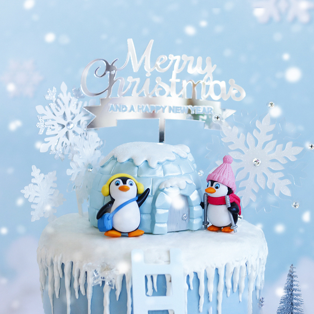 Cylinder zimowy do dekoracji tortu - pingwin płatek śniegu - różowy niebieski - Party Baby Shower Xmas - dekoracje do pieczenia i deserów - upominki dla dzieci i ukochanych - Wianko - 2
