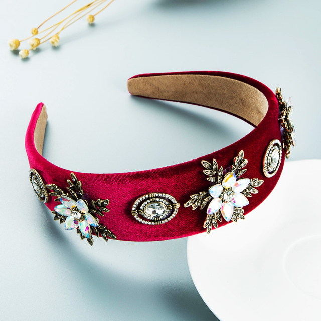 Luksusowa korona do włosów - barokowy metalowy kwiat pałąk ze zroszonym kryształem i aksamitnym wykończeniem, wielokolorowa biżuteria idealna na imprezy dla dziewcząt - Wianko - 40