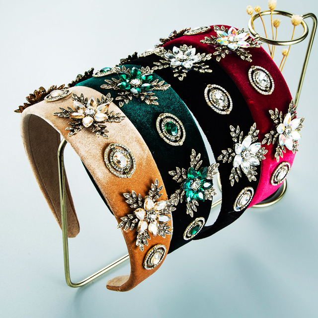 Luksusowa korona do włosów - barokowy metalowy kwiat pałąk ze zroszonym kryształem i aksamitnym wykończeniem, wielokolorowa biżuteria idealna na imprezy dla dziewcząt - Wianko - 36