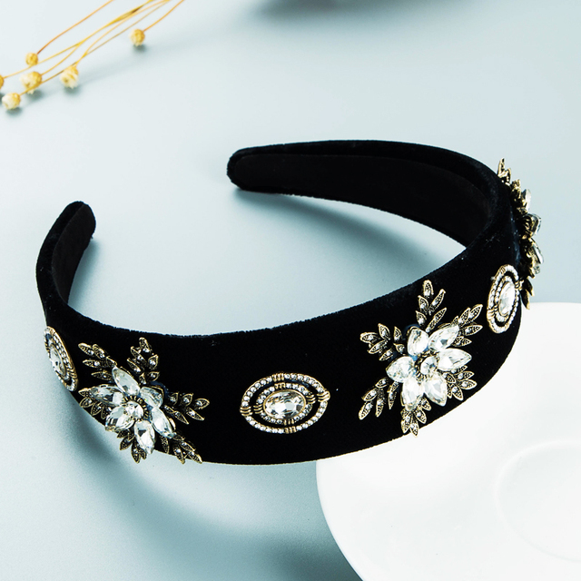 Luksusowa korona do włosów - barokowy metalowy kwiat pałąk ze zroszonym kryształem i aksamitnym wykończeniem, wielokolorowa biżuteria idealna na imprezy dla dziewcząt - Wianko - 37