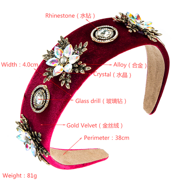 Luksusowa korona do włosów - barokowy metalowy kwiat pałąk ze zroszonym kryształem i aksamitnym wykończeniem, wielokolorowa biżuteria idealna na imprezy dla dziewcząt - Wianko - 34