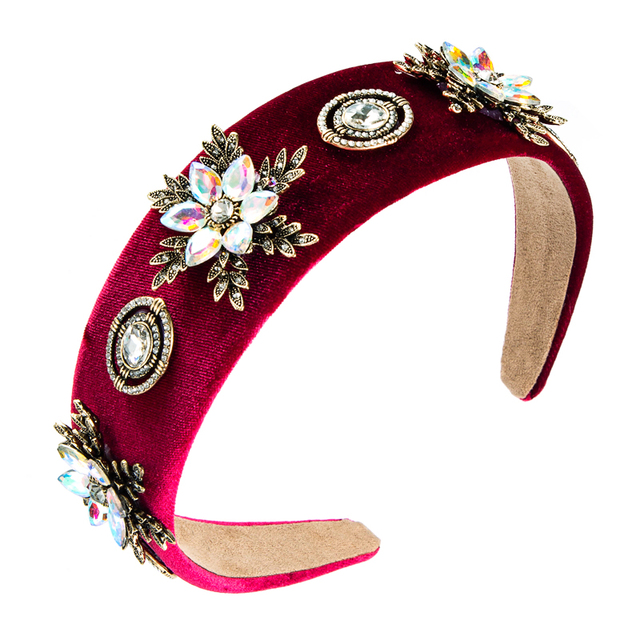 Luksusowa korona do włosów - barokowy metalowy kwiat pałąk ze zroszonym kryształem i aksamitnym wykończeniem, wielokolorowa biżuteria idealna na imprezy dla dziewcząt - Wianko - 43