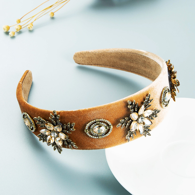 Luksusowa korona do włosów - barokowy metalowy kwiat pałąk ze zroszonym kryształem i aksamitnym wykończeniem, wielokolorowa biżuteria idealna na imprezy dla dziewcząt - Wianko - 38
