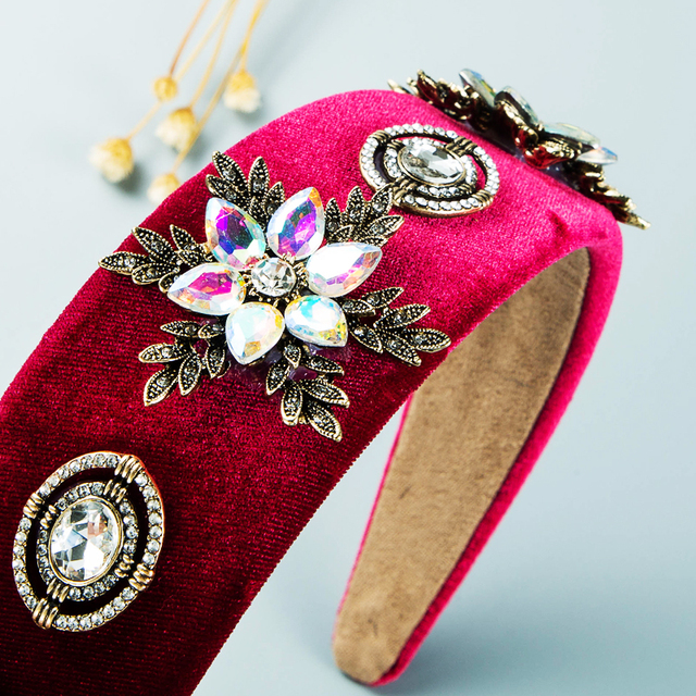 Luksusowa korona do włosów - barokowy metalowy kwiat pałąk ze zroszonym kryształem i aksamitnym wykończeniem, wielokolorowa biżuteria idealna na imprezy dla dziewcząt - Wianko - 41