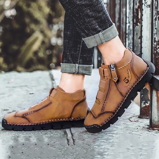 Retro wysokie skórzane buty męskie - brytyjski styl, na co dzień, zimowe sznurówki z zamkiem - Wianko - 13