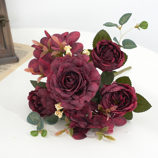 Sztuczne kwiaty Retro: jedwabna róża, bukiet piwonia Vintage Bride - sztuczny kwiat dekoracyjny ślubny i domowy - Wianko - 11
