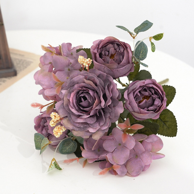 Sztuczne kwiaty Retro: jedwabna róża, bukiet piwonia Vintage Bride - sztuczny kwiat dekoracyjny ślubny i domowy - Wianko - 17