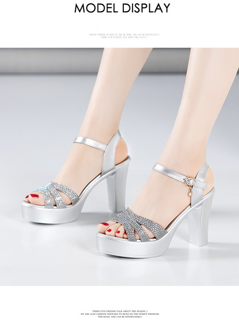 Srebrne sandały damskie na platformie, rozmiar 32-43, ozdobione kryształkami Rhinestone, wysokie obcasy - Wianko - 7