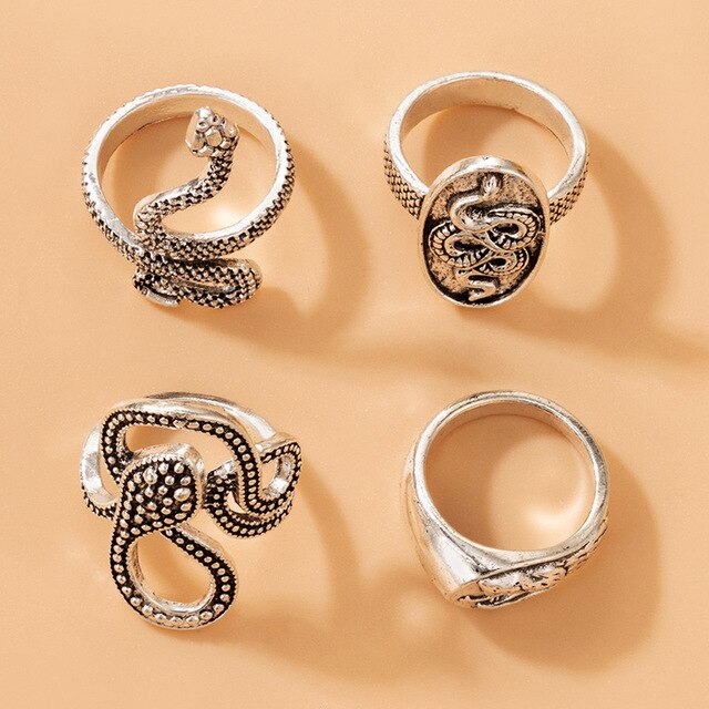 Zestaw 4 sztuk retro pierścieni - nieregularne geometria, wąż zwierzak, kolor srebrny, metalowy knuckle - biżuteria damskie - Wianko - 2