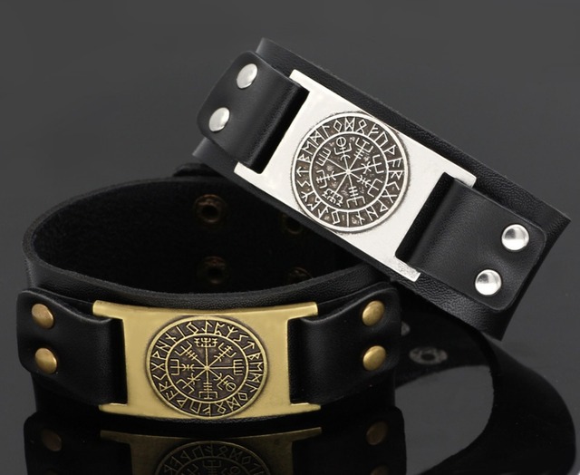 Wisiorek kompasu Viking Wolf Vegvisir z bransoletką skórzaną dla mężczyzny - biżuteria Nordyckich Runów Odin Symbol Amulet - Wianko - 2