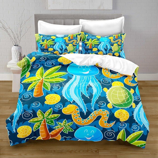 Zestaw pościeli Życie morskie Queen niebieski rozmiar król podwójne łóżko pełna urocze wzory morskie - Wianko - 6