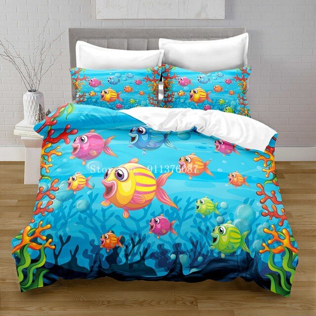 Zestaw pościeli Życie morskie Queen niebieski rozmiar król podwójne łóżko pełna urocze wzory morskie - Wianko - 1